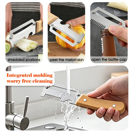 3-in-1 Serrated Peeling Knife  Premium Vegetable Peeler With Wooden Handle And Bottle Opener Kitchen Tool Smooth Operation