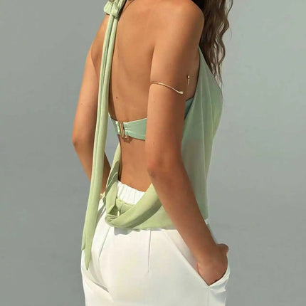 Women's Summer Vacation Sexy Semi-transparent Drop-Neck Metallic Decorated Backless Vest, Off-Shoulder Top