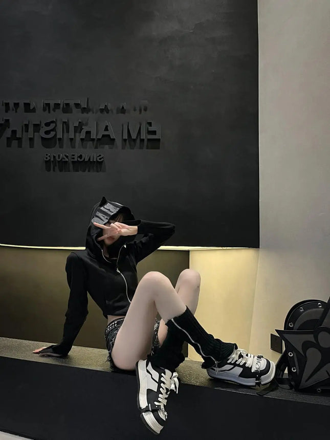 Y2K Hooded Shirt Crop Top Punk Vintage Letter Gothic Clothes Winter Fashion Streetwear Women Slim  Hoodies Zip up Hip Hop Hoodie