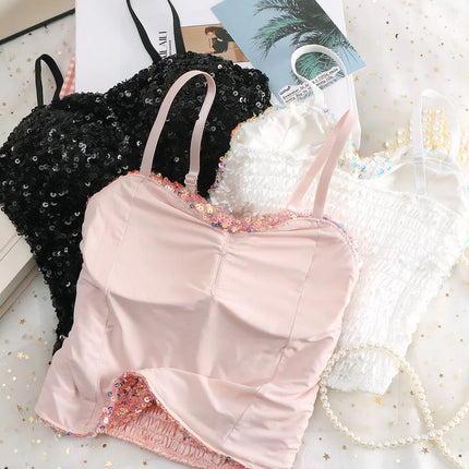 Small Sequin Ball One-Piece Fixed Vest Wrap Chest Base Layer Brtte for Girls Summer Outing ort High Elastic Polye...