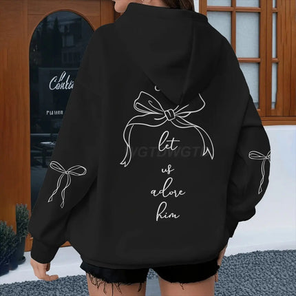 Coquette Bow Print Bible Verses Hoodies "Come Let Us Adore Him" Hoodie Fashion Women Vintage Fun Christian Jesus Hoody