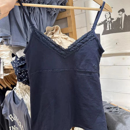 Navy Bow Lace Trim Slim Tank Top Women Sexy V Neck Cotton Sleeveless Cropped Vest Casual Vintage Sweet Summer Crop Top Y2k Camis