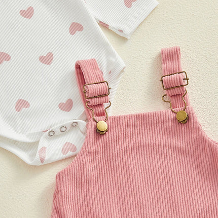 Pudcoco Infant Baby Girls 3Pcs Spring Outfits Heart Print Romper Suspender Skirt Headband Set Newborn Clothes 0-18M
