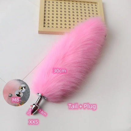 Anal Sex Toys of Long Pink Faux Fur Fox Tail with Stainless Steel Metal Butt Plug for Fetish Fantasy Flirting Adult Supplies