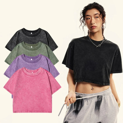 Solid Slim Washed T-Shirt Female Fashion Soft Cotton Streetwear Casual Sport Short Sleeve Cool Retro Crop Clothing For Women