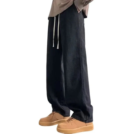 Men Elastic Drawstring Wide Leg Jeans Loose Straight High Waist Baggy Denim Pants Streetwear Hip Hop Trousers Spring