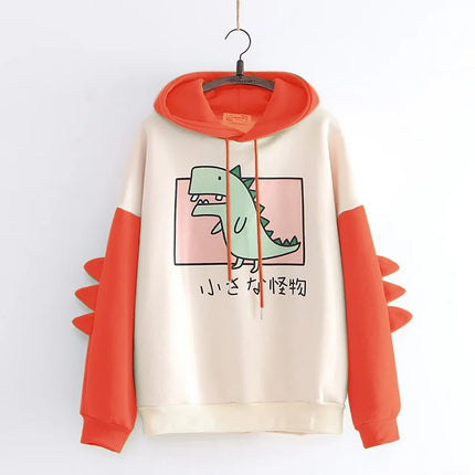 Women Dinosaur Fashion Long Sleeves Contrast Streetwear Cartoon Printed Hoodies Loose Harajuku Casual Comfortable Autumn Winter