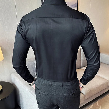 Seamless silk business casual shirt, long sleeved white non ironing elastic silk sliding cross shirt, men's formal wear