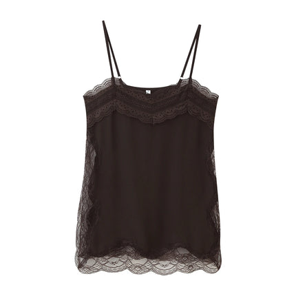 Women Lace Patchwork Sling Top Sexy V-neck Sleeveless Side Split Solid Color Vest 2025 New Summer Lady Party Vacation Tops