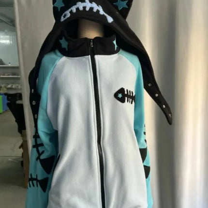 Japanese Kawaii Fish Bone Long Sleeve Detachable Hood Women Zipper Y2k Aesthetic Streetwear Hoodies Harajuku Zipper Sweatshirt