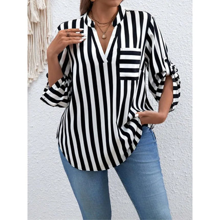 Plus Size 1XL-5XL Women's Fashion Striped Printed Short Sleeve Shirt Ladies Casual  Lapel Shirt Loose And Elegant Button Shirt