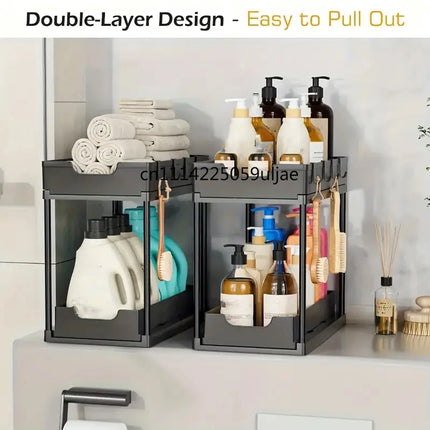 Double-layer pull-out kitchen storage rack multi-functional organizer, shelf, suitable for kitchen sink storage