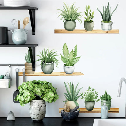 Fresh Green Potted Plant Shelf Stickers, Background Wall Decoration Living Room and Bedroom Self-adhesive Wall Stickers