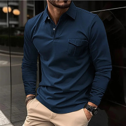 Autumn And Winter New Sports Polo Shirt Men's Long-sleeved Casual Lapel Polo Shirt Solid Color Pocket T-shirt