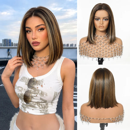 13x6 HD Transparent Lace Front Bob Wig 12" Short Straight Highlight Brown Blonde Synthetic Wigs for Women Glueless Pre Plucked
