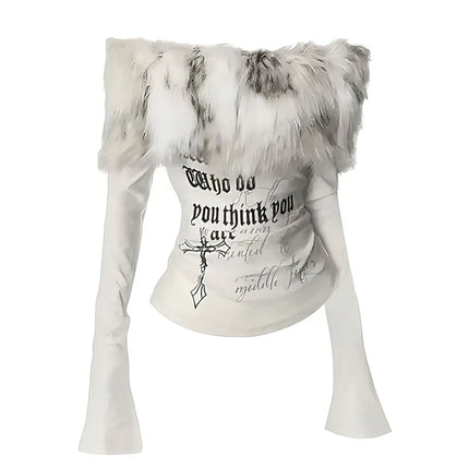 Luxury Fur Graphic Long sleeve T shirt Y2k Women Autumn Winter Off shoulder Tops 2000s Vintage Basic Blouse Tees White Shirt