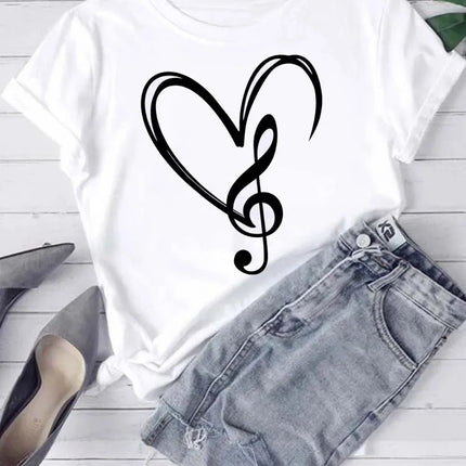 Fashion Women T Shirt Musical Note Printed T Shirt Casual Black Tops 90s Ladies Girls Tee Shirt Female Harajuku Graphic T-shirt