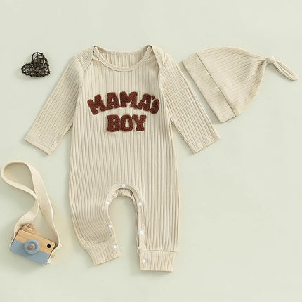 Pudcoco Infant Newborn Baby Boy Bodysuits Letter Embroidered Ribbed Long Sleeve Round Neck Fall Jumpsuits Hat Outfits 0-18M