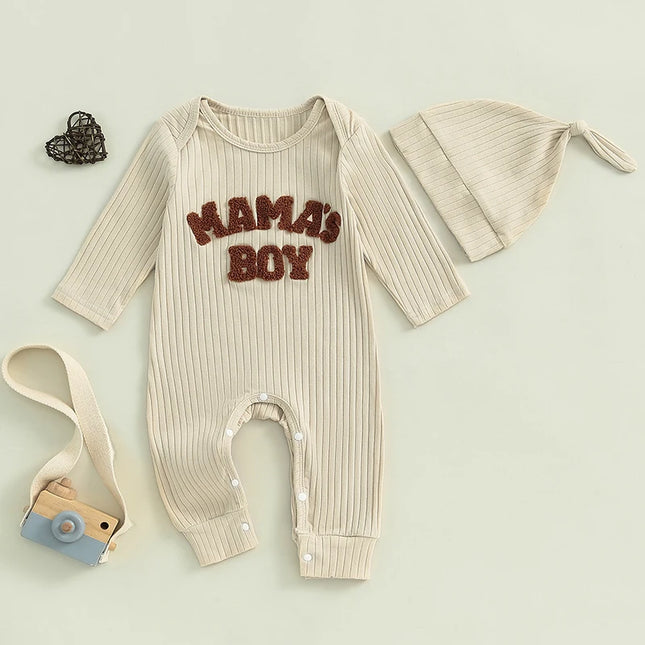Pudcoco Infant Newborn Baby Boy Bodysuits Letter Embroidered Ribbed Long Sleeve Round Neck Fall Jumpsuits Hat Outfits 0-18M