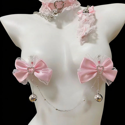 Pink Bow Bell Nipple Clamps Reast Punishment BDSM Training Erotic Collar and Chain 2 Styles To Choose From Adult Sex Toys 18+