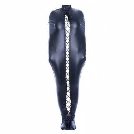 Sexy Porn Lingerie Full Body Bodysuit with Stretch PU Leather Bondage Sleeping Bag for Women Exotic Apparelt Costumes