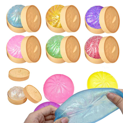 Color Glitter Dumpling Squishes Stress Balls Fidget Sensory Toys Simulation Food Squishies Bun with Steamer Squeeze Dough Gifts