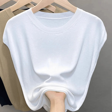 Ice Silk Knitted Top Women's Summer Thin Shoulder Drop Round Neck Short Sleeve T-shirt Pure Color Commute Style Outerwear
