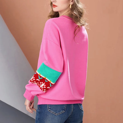 Women’s Pink Knit Patchwork Sweatshirt LOVE Graphic Pullover Casual Straight Fit Color Block Winter Warm Knitted Sleeve Top