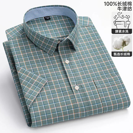 New 100% Cotton Oxford Men's Shirts Short Sleeve Plaid Soft Regular Fit Formal Dress Shirt Social Blouse Male Clothes 6XL 7XL