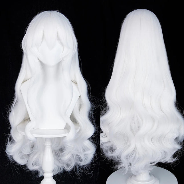 White Long Wavy Anime Game Cosplay Synthetic Wigs with Bangs Fluffy Heat Resistant Wig for Daily Party