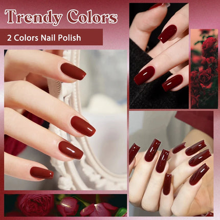 2Pcs/Set 15ml Red Brown Glass Bottle Gel Nail Polish Set NoWipe Top Soak Off UV LED Nail Lacquer Glitter Color Art Nail Polish