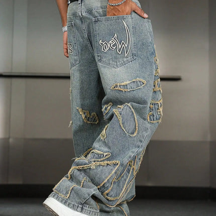 Men's Street Style Casual Patchwork Embroidered Frayed Hem Macau Blue Denim Jeans Trendy Loose Fit Straight Leg Pants
