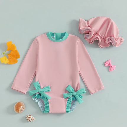 0-3Y Kids Baby Girl Rash Guard Swimsuits Lovely Bow Print Long Sleeve Ruffled Trim Romper Bathing Suit Infants Swimwear with Cap