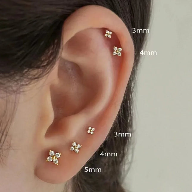 Classic Trendy Little Lucky Zircon Four Leaf Flower Stud Earrings for Women High Quality Stainless Steel Piercing Jewelry Gift