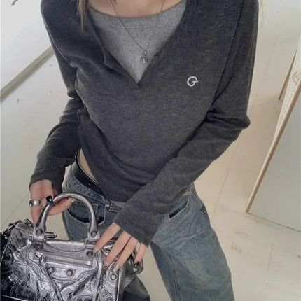 2024 Autumn Winter Long Sleeves Korean Fashion Style O-neck T-shirt For Women Fake Two-Piece T-shirts Ladies Top Tee Clothes