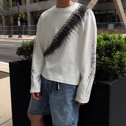 Street loose print pullover waffle long sleeved T-shirt men's American casual round neck top
