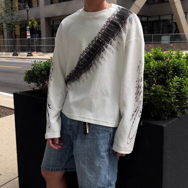 Men's American Casual Round Neck Loose Print Pullover Waffle Long-Sleeved T-shirt
