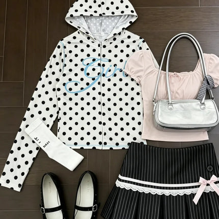 Retro Y2K Style Polka Dot Hooded Zip Up Top Women With Girl Print Design For Summer Casual Daily Wear