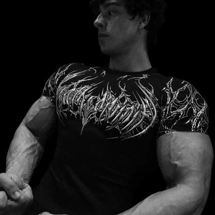 05-Men's Wing & Cross Print Compression Tight Fit Short Sleeve Sports Shirt Workout Tops Gym Compression High Stretch