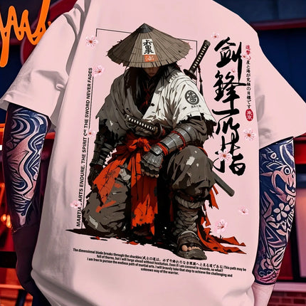 Summer Men's Japanese-style Ink-wash Samurai Pattern Casual Sports Street Style Trendy Short-sleeved T-shirt Soft Breathable