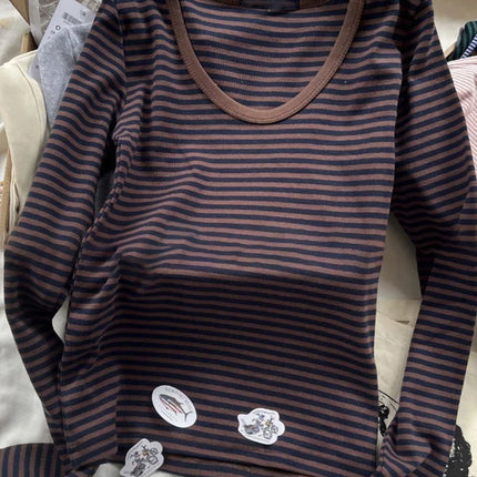 Pink Striped Slim Long Sleeve Tees Women Spring Casual Cotton O-neck Tshirt New Tops Clothes Sweet Cute  Vintage T-shirts Y2K