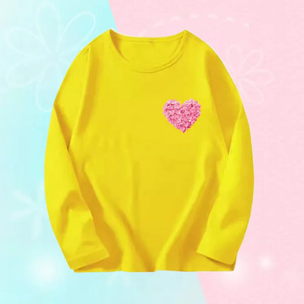 Pink Flower Heart Print Girls T-Shirt Casual White Tops Spring Long Sleeve Kids T-Shirt Kawaii Love Print Tops
