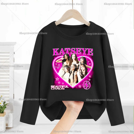 Katseye Child Long-Sleeved T-shirt Sweet Fashion Girl Shirts Spring Leisure Cotton Kid Tee Trendy Cool Clothes Top Birthday Gift