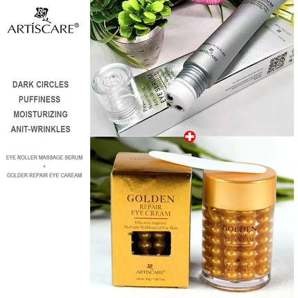 Eye Serum Roller Massager & Gold Eye Cream Eye Care 2pcs/set Dark Circles Fade Puffiness Moisturizing