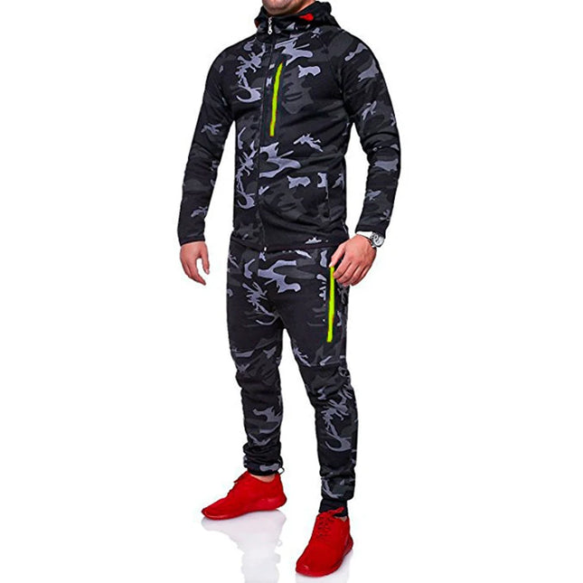 Camo Men Tracksuit Hooded Outerwear Hoodie Set 2 Pieces Autumn Sporting Male Fitness Camouflage Sweatshirts Jacket + Pants Sets