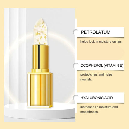 Color Changing Lip Balm Shimmer & Gold Foil Nourishing Lipstick Moisturizing pH Reactive Tinted Lip Gloss for Soft Pink Lips