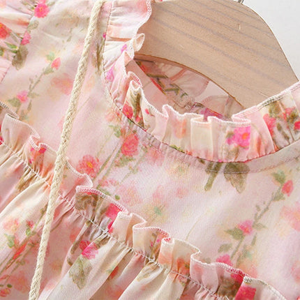 Summer Floral Print Lace Flutter Sleeve Layered Baby Girl Princess Dress Cute Flower Girl Dress With Bag