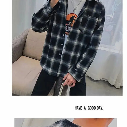 Casual Plaid Long Sleeve Men's Shirt Autumn Korean Style Loose Fashionable Outerwear Couple's Casual Shirt Comfortable Fit
