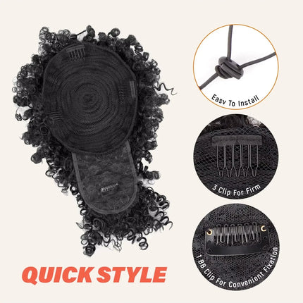 Synthetic Afro Puff Drawstring Ponytail with Bangs Short Afro Kinky Curly Ponytail Extension Updo Hairpiece Ponytail Bun