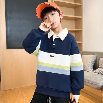Korean Children Long Sleeve Winter Polo Shirt Coat for Tweens Boy Age 5 To 14 Years Kids Casual Warm Insulated Polo Sweatshirt